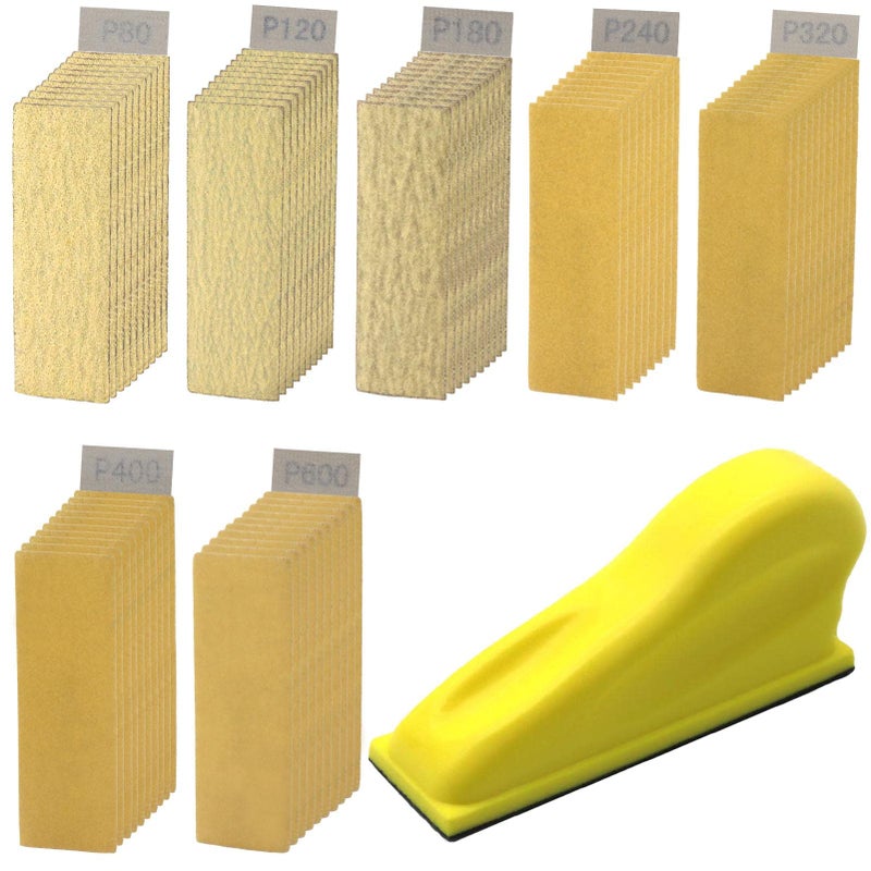 WHLLING 70 Sheets Micro Detail Sander Paper Kit  3.5 x 1 Hand Sanding Block for Small Projects Wet Dry Hook & Loop Alumina 80 to 600 Grit Sandpaper for Crafts Wood Tight Narrow Spaces Metal Finishing - Image 1